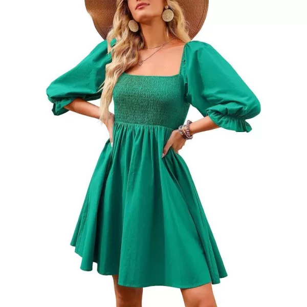 imageANRABESS Womens 34 Puff Sleeve Square Neck Smocked Babydoll Dress Cute A Line Flowy Short Mini DressLake
