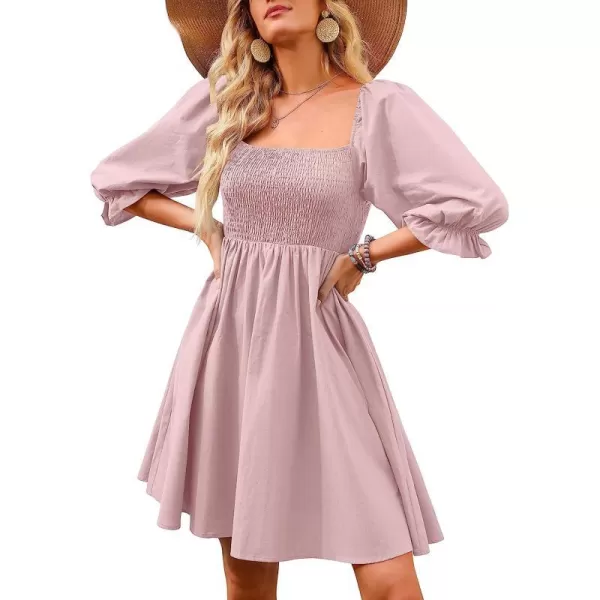 imageANRABESS Womens 34 Puff Sleeve Square Neck Smocked Babydoll Dress Cute A Line Flowy Short Mini DressPink
