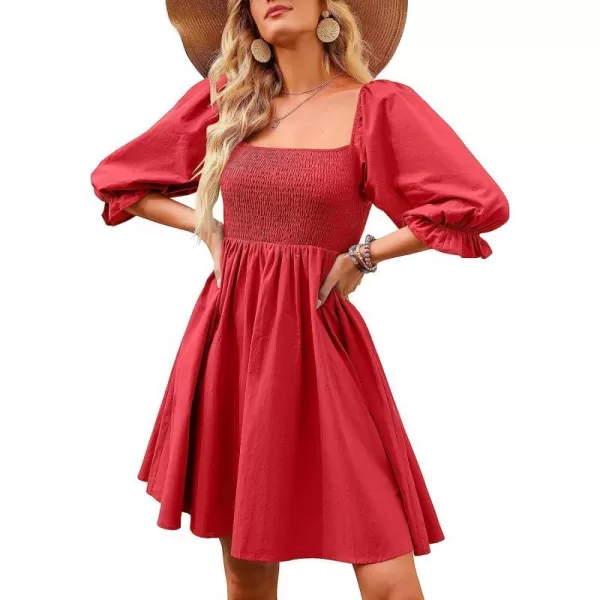 imageANRABESS Womens 34 Puff Sleeve Square Neck Smocked Babydoll Dress Cute A Line Flowy Short Mini DressRed