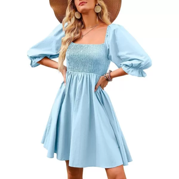 imageANRABESS Womens 34 Puff Sleeve Square Neck Smocked Babydoll Dress Cute A Line Flowy Short Mini DressSkyblue