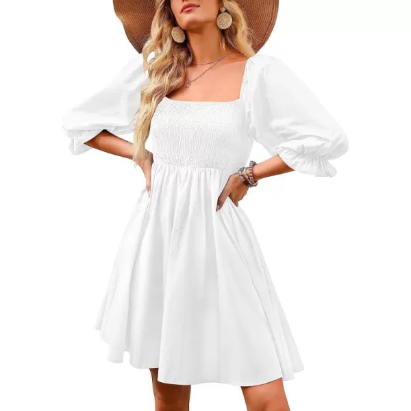 imageANRABESS Womens 34 Puff Sleeve Square Neck Smocked Babydoll Dress Cute A Line Flowy Short Mini DressWhite