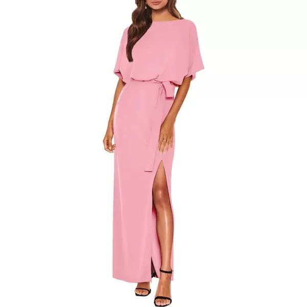imageANRABESS Womens Batwing Sleeve Tie Waist Long Dresses Formal Party Wedding Guest Side Split Maxi Dress10pink