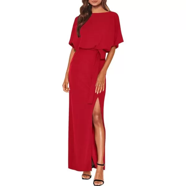 imageANRABESS Womens Batwing Sleeve Tie Waist Long Dresses Formal Party Wedding Guest Side Split Maxi Dress12red