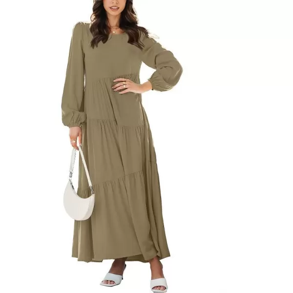 imageANRABESS Womens Boho Casual Loose Puff Long Sleeve Crewneck Asymmetric Tiered Beach Maxi Long DressKhaki