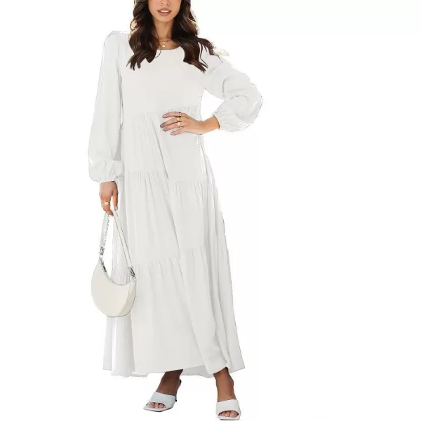 imageANRABESS Womens Boho Casual Loose Puff Long Sleeve Crewneck Asymmetric Tiered Beach Maxi Long DressWhite