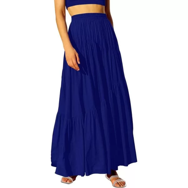 imageANRABESS Womens Boho Elastic High Waist Pleated ALine Flowy Swing Asymmetric Tiered Maxi Long Skirt Dress with PocketsRoyal Blue