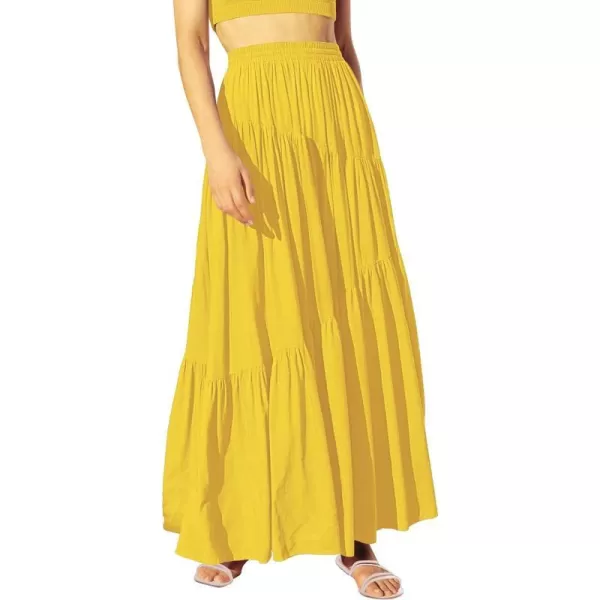 imageANRABESS Womens Boho Elastic High Waist Pleated ALine Flowy Swing Asymmetric Tiered Maxi Long Skirt Dress with PocketsYellow