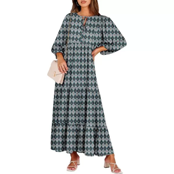 imageANRABESS Womens Boho Maxi Dresses 2024 Summer V Neck Puff Sleeve Casual Flowy Swing ALine Long Beach DressDark Green