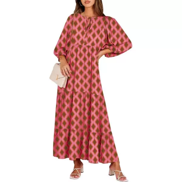 imageANRABESS Womens Boho Maxi Dresses 2024 Summer V Neck Puff Sleeve Casual Flowy Swing ALine Long Beach DressPink