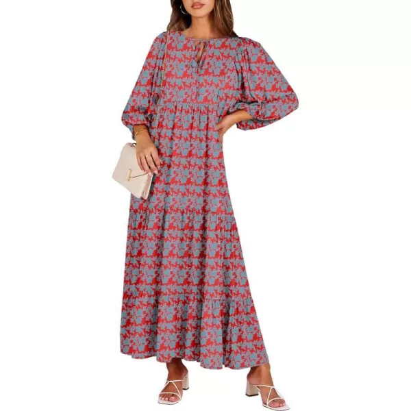 imageANRABESS Womens Boho Maxi Dresses 2024 Summer V Neck Puff Sleeve Casual Flowy Swing ALine Long Beach DressRed