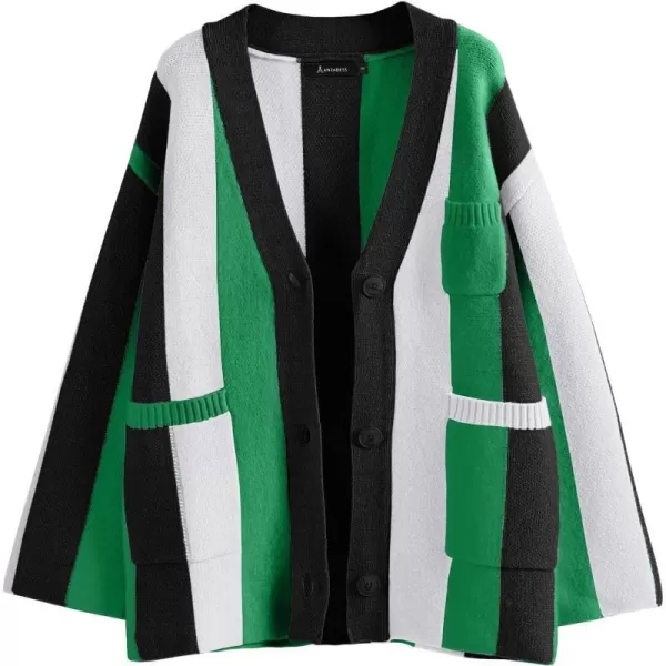 imageANRABESS Womens Cable Knit Long Sleeve Open Front Cardigan Sweaters Color Block Boho Striped Outwear CoatsBlack Green