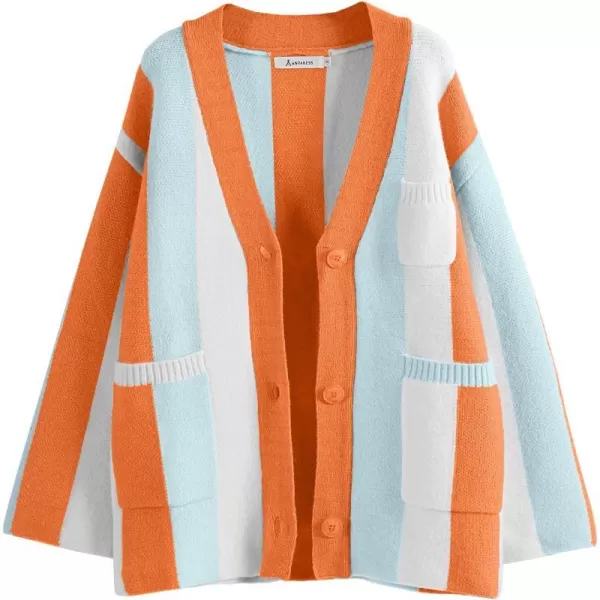 imageANRABESS Womens Cable Knit Long Sleeve Open Front Cardigan Sweaters Color Block Boho Striped Outwear CoatsRainbow Orange