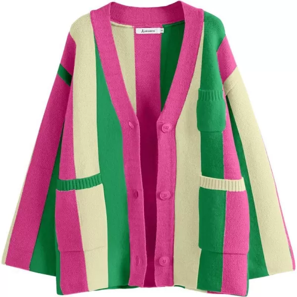 imageANRABESS Womens Cable Knit Long Sleeve Open Front Cardigan Sweaters Color Block Boho Striped Outwear CoatsRainbow Pink