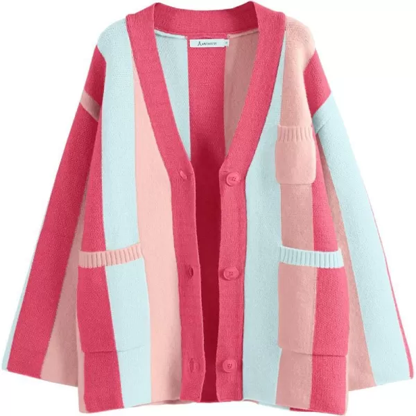 imageANRABESS Womens Cable Knit Long Sleeve Open Front Cardigan Sweaters Color Block Boho Striped Outwear CoatsRose Pink