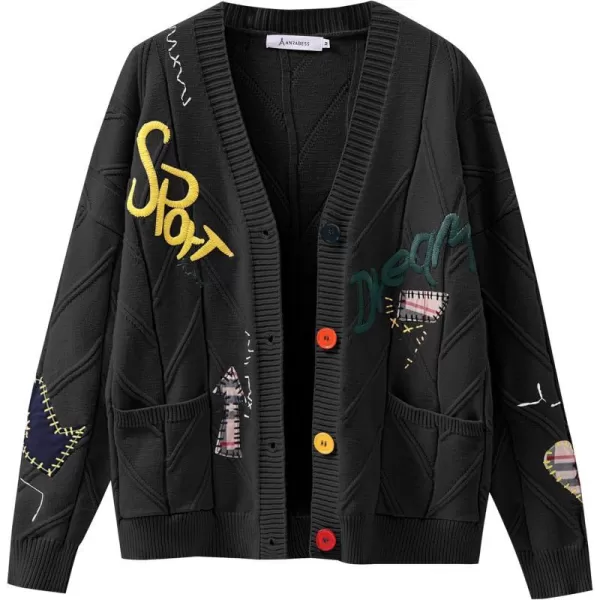imageANRABESS Womens Cable Knit Long Sleeve Open Front Cardigan Sweaters Fashion Button Down Embroidery Outwear CoatsBlack