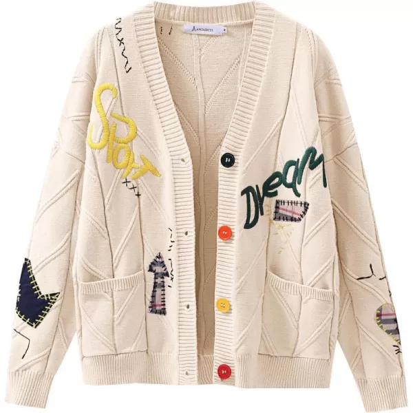 imageANRABESS Womens Cable Knit Long Sleeve Open Front Cardigan Sweaters Fashion Button Down Embroidery Outwear CoatsKhaki