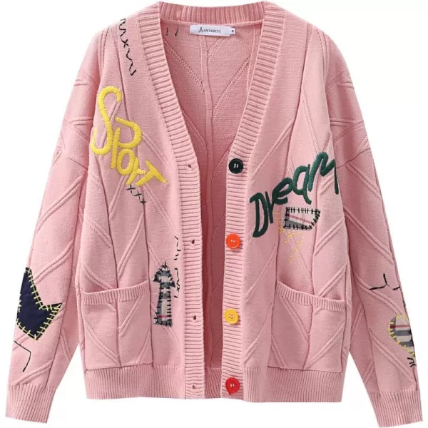 imageANRABESS Womens Cable Knit Long Sleeve Open Front Cardigan Sweaters Fashion Button Down Embroidery Outwear CoatsPink