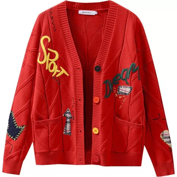 imageANRABESS Womens Cable Knit Long Sleeve Open Front Cardigan Sweaters Fashion Button Down Embroidery Outwear CoatsRed