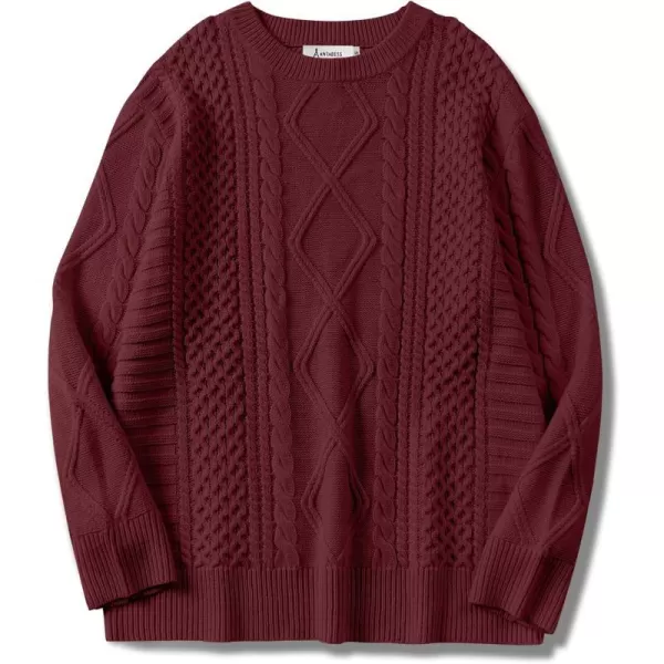imageANRABESS Womens Cable Knit Sweater Winter Fashion Oversized Long Sleeve Crewneck Chunky Vintage Casual Loose Pullover TopsBurgundy