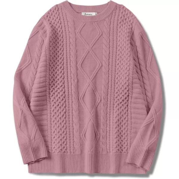 imageANRABESS Womens Cable Knit Sweater Winter Fashion Oversized Long Sleeve Crewneck Chunky Vintage Casual Loose Pullover TopsPink