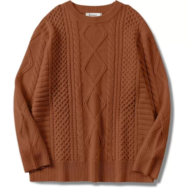 imageANRABESS Womens Cable Knit Sweater Winter Fashion Oversized Long Sleeve Crewneck Chunky Vintage Casual Loose Pullover TopsRust