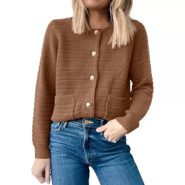 imageANRABESS Womens Cardigan Sweaters 2023 Fall Open Front Long Sleeve Button Down Chunky Knit Cropped Cardigans with PocketsBrown