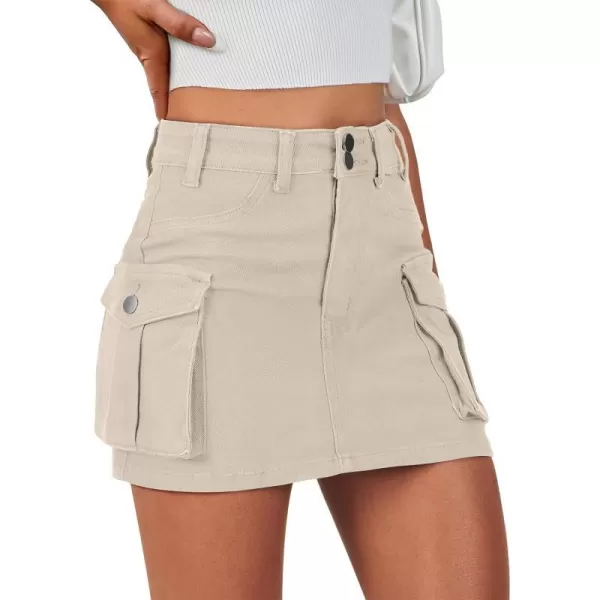 imageANRABESS Womens Cargo Skirt Button Mini Denim Short Skirt with Pocket Cotton Solid Y2k Bodycon 2024 Fashion SkirtsApricot
