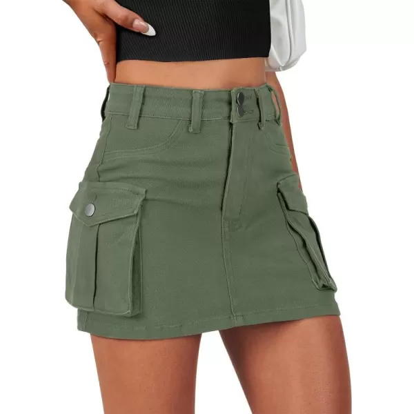 imageANRABESS Womens Cargo Skirt Button Mini Denim Short Skirt with Pocket Cotton Solid Y2k Bodycon 2024 Fashion SkirtsDeep Green