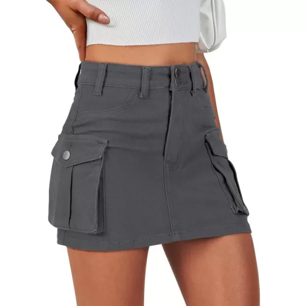 imageANRABESS Womens Cargo Skirt Button Mini Denim Short Skirt with Pocket Cotton Solid Y2k Bodycon 2024 Fashion SkirtsDeep Grey