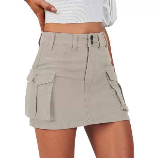 imageANRABESS Womens Cargo Skirt Button Mini Denim Short Skirt with Pocket Cotton Solid Y2k Bodycon 2024 Fashion SkirtsKhaki