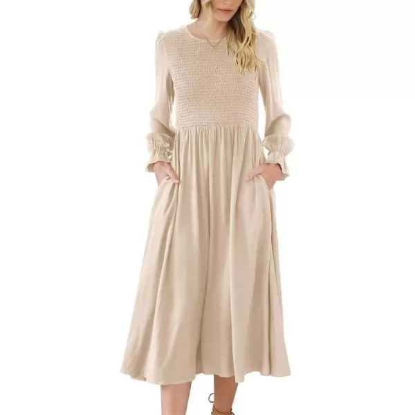 imageANRABESS Womens Casual Crew Neck Long Puff Sleeve Smocked High Waist Flowy Midi DressApricot