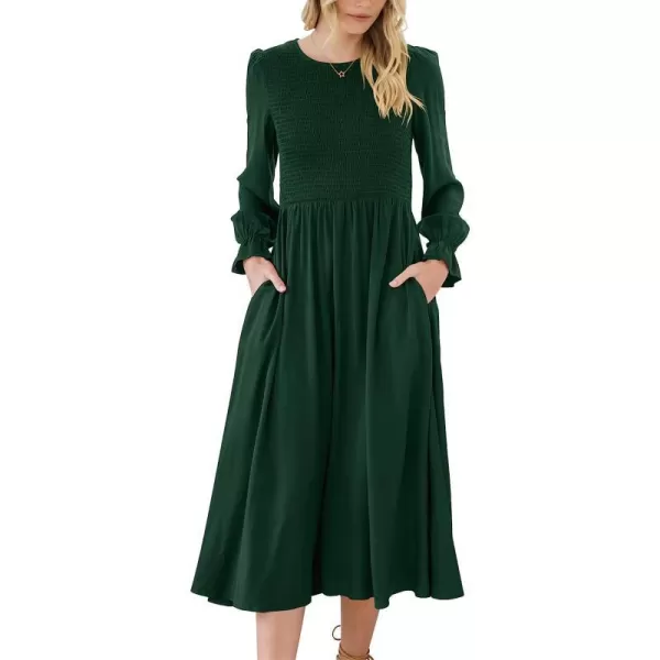imageANRABESS Womens Casual Crew Neck Long Puff Sleeve Smocked High Waist Flowy Midi DressGreen