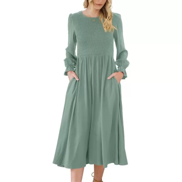 imageANRABESS Womens Casual Crew Neck Long Puff Sleeve Smocked High Waist Flowy Midi DressLight Blue