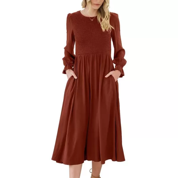 imageANRABESS Womens Casual Crew Neck Long Puff Sleeve Smocked High Waist Flowy Midi DressRust Red