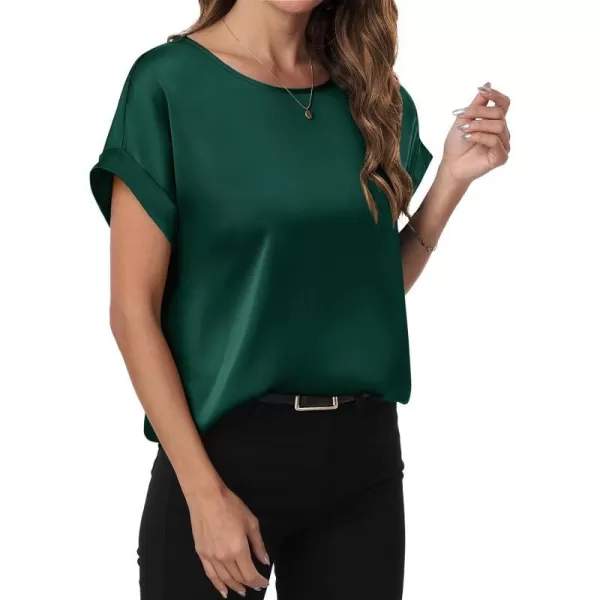 imageANRABESS Womens Casual Crewneck Short Sleeve Satin Blouses Shirts Dressy Solid Business Tunic TopsGreen