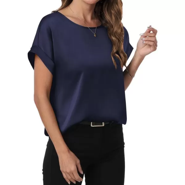 imageANRABESS Womens Casual Crewneck Short Sleeve Satin Blouses Shirts Dressy Solid Business Tunic TopsNavy Blue
