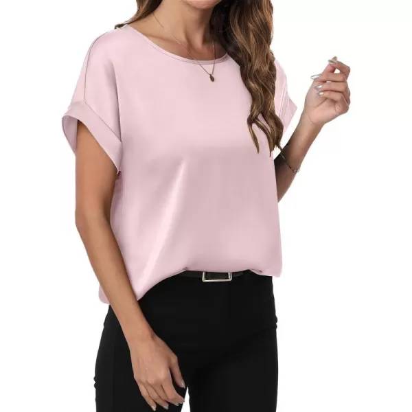 imageANRABESS Womens Casual Crewneck Short Sleeve Satin Blouses Shirts Dressy Solid Business Tunic TopsPink