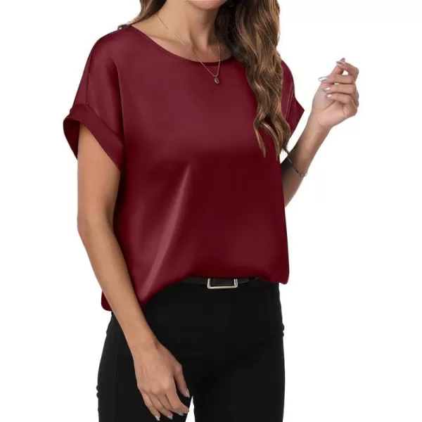 imageANRABESS Womens Casual Crewneck Short Sleeve Satin Blouses Shirts Dressy Solid Business Tunic TopsWine Red
