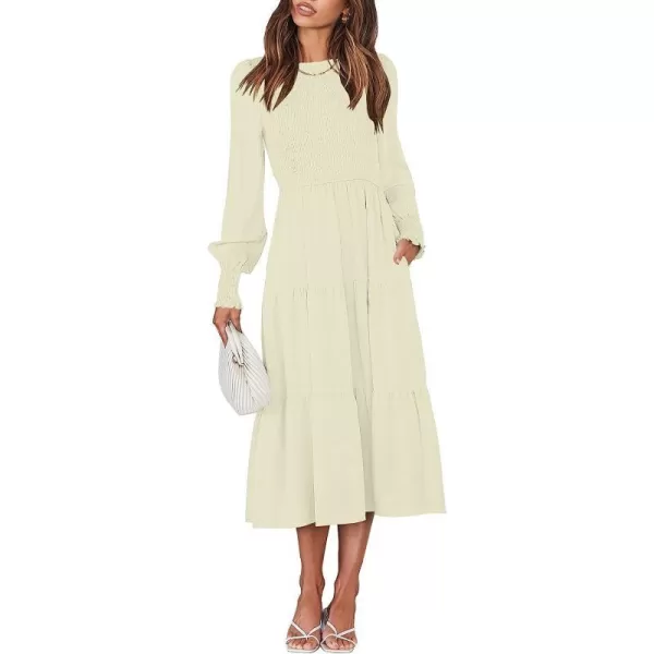 imageANRABESS Womens Casual Long Sleeve Crew Neck High Waist Smocked Flowy Tiered Midi DressAlmond