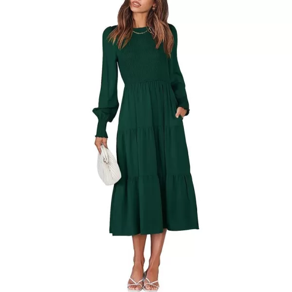 imageANRABESS Womens Casual Long Sleeve Crew Neck High Waist Smocked Flowy Tiered Midi DressDeep Green