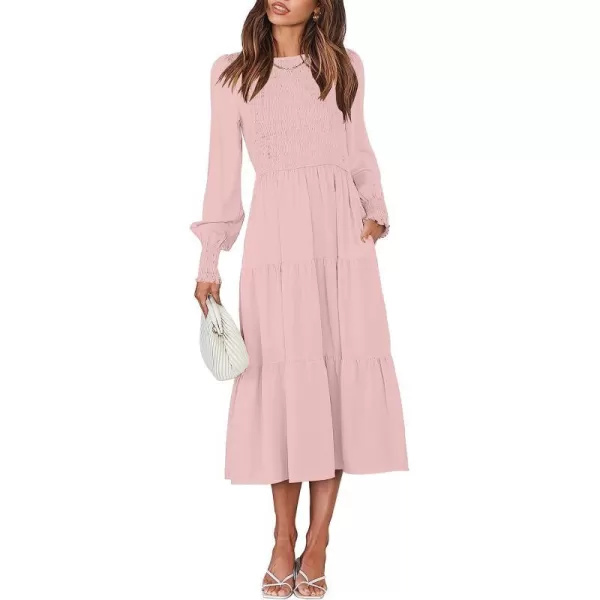 imageANRABESS Womens Casual Long Sleeve Crew Neck High Waist Smocked Flowy Tiered Midi DressPink