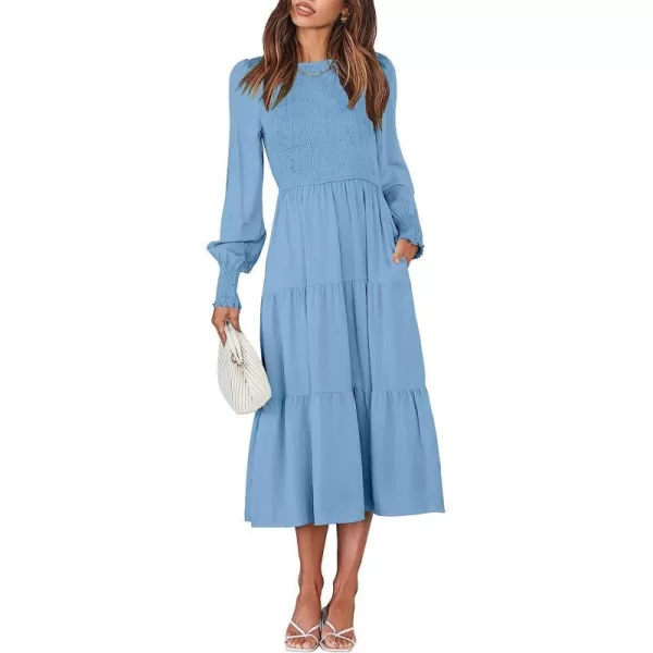 imageANRABESS Womens Casual Long Sleeve Crew Neck High Waist Smocked Flowy Tiered Midi DressSky Blue
