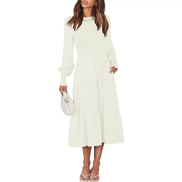 imageANRABESS Womens Casual Long Sleeve Crew Neck High Waist Smocked Flowy Tiered Midi DressWhite