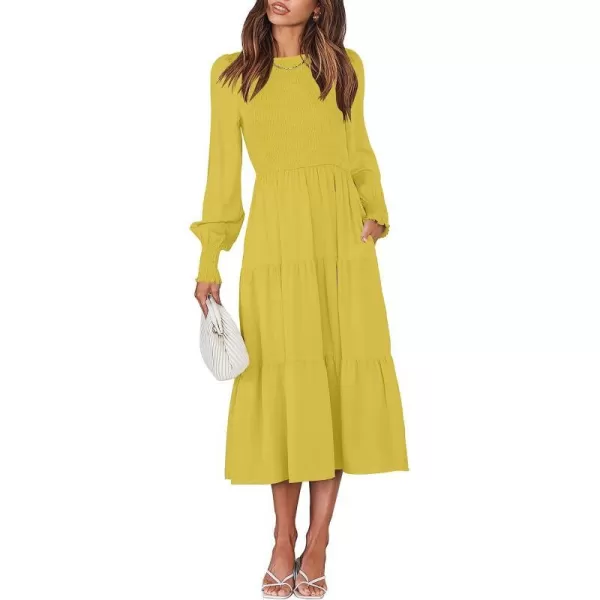 imageANRABESS Womens Casual Long Sleeve Crew Neck High Waist Smocked Flowy Tiered Midi DressYellow