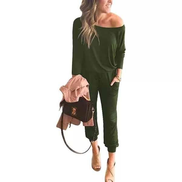 imageANRABESS Womens Casual Long Sleeve Crewneck One Off Shoulder Elastic Waist Stretchy Long Romper Jumpsuit with PocketsArmygreen