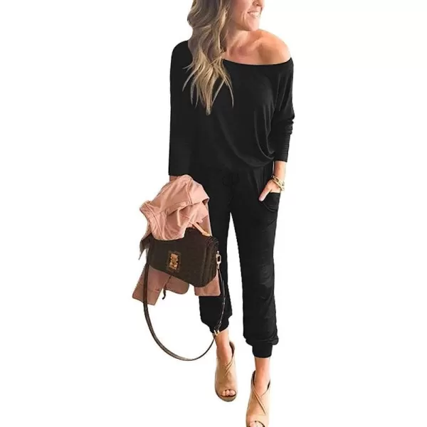 imageANRABESS Womens Casual Long Sleeve Crewneck One Off Shoulder Elastic Waist Stretchy Long Romper Jumpsuit with PocketsBlack