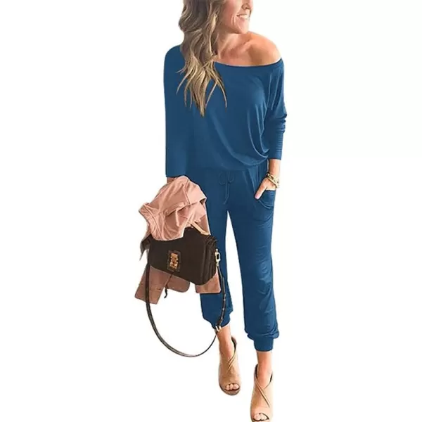 imageANRABESS Womens Casual Long Sleeve Crewneck One Off Shoulder Elastic Waist Stretchy Long Romper Jumpsuit with PocketsBlue
