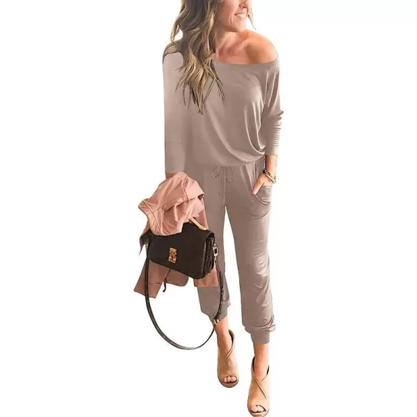 imageANRABESS Womens Casual Long Sleeve Crewneck One Off Shoulder Elastic Waist Stretchy Long Romper Jumpsuit with PocketsPink
