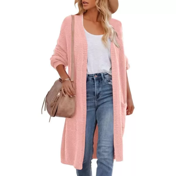 imageANRABESS Womens Casual Long Sleeve Open Front Fuzzy Knit Cardigans Plush Sweater Coat with PocketsPink