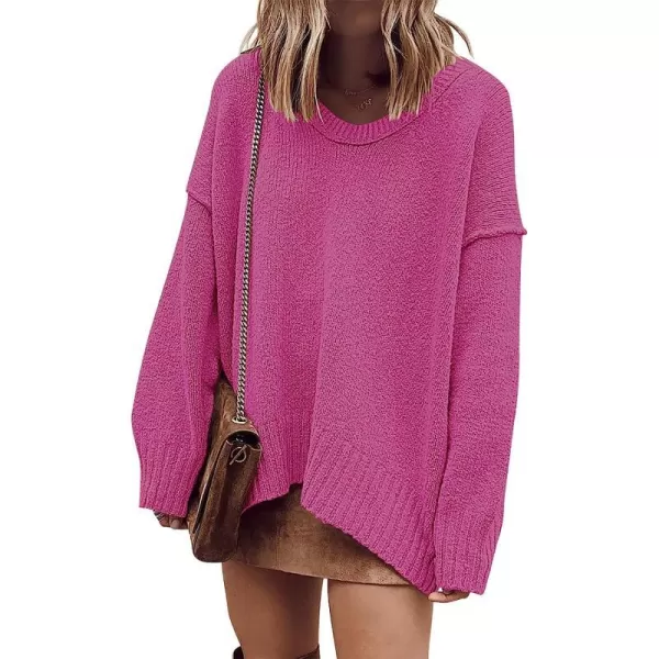 imageANRABESS Womens Casual Long Sleeve V Neck Off Shoulder Loose Baggy Comfy Knit Pullover Sweaters TunicRose